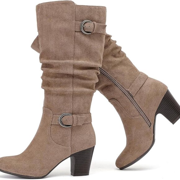 Shoes - Women's Slouchy Knee High Boots Man-made Leather Chunky Heel Pointed Toe